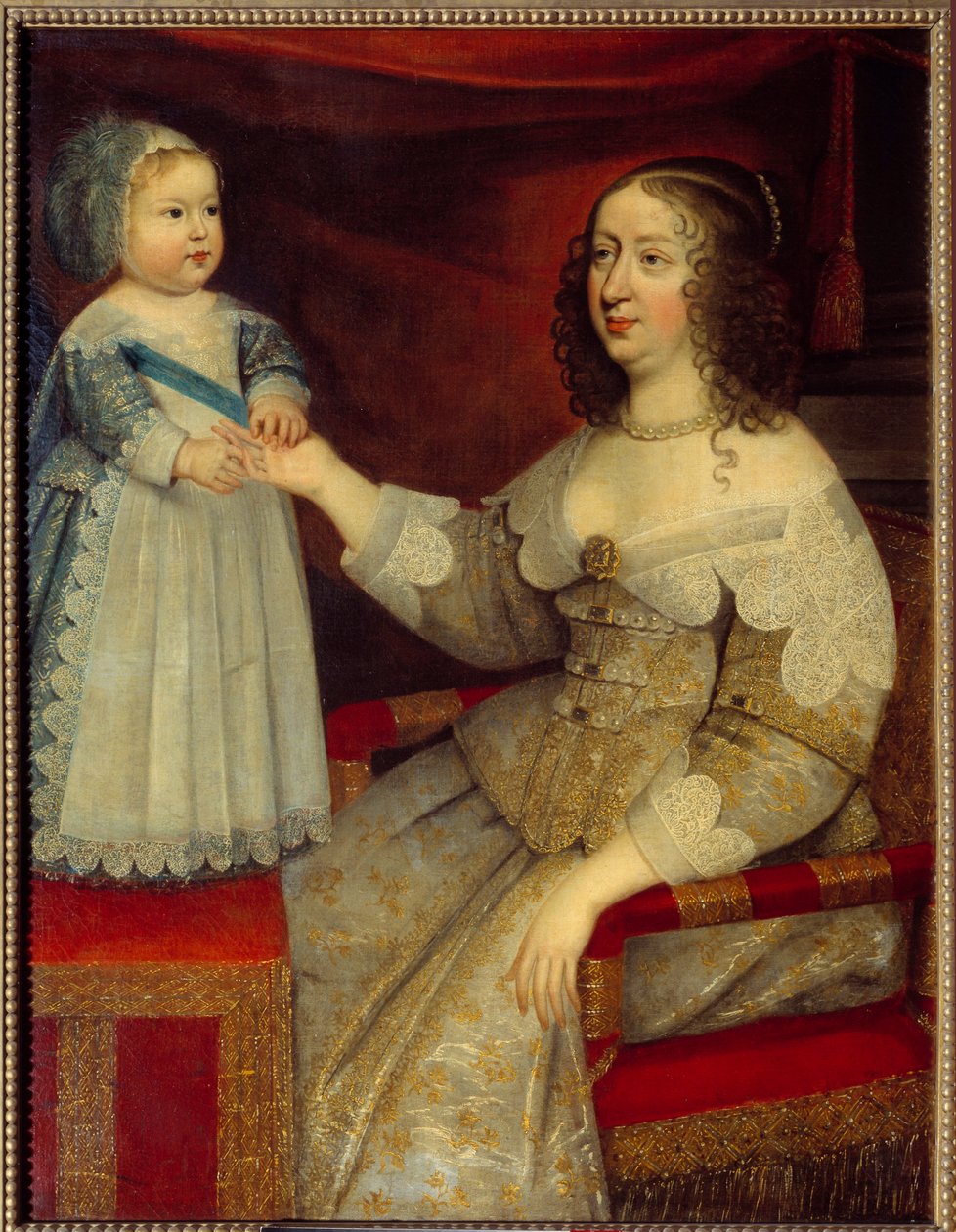 奥地利安妮的肖像，法国女王（1601-1666）和海豚路易十四的孩子（1638-1715）法国画派的绘画。 1643 年之前。 太阳 1,2x0,96 m 作者 法语学校