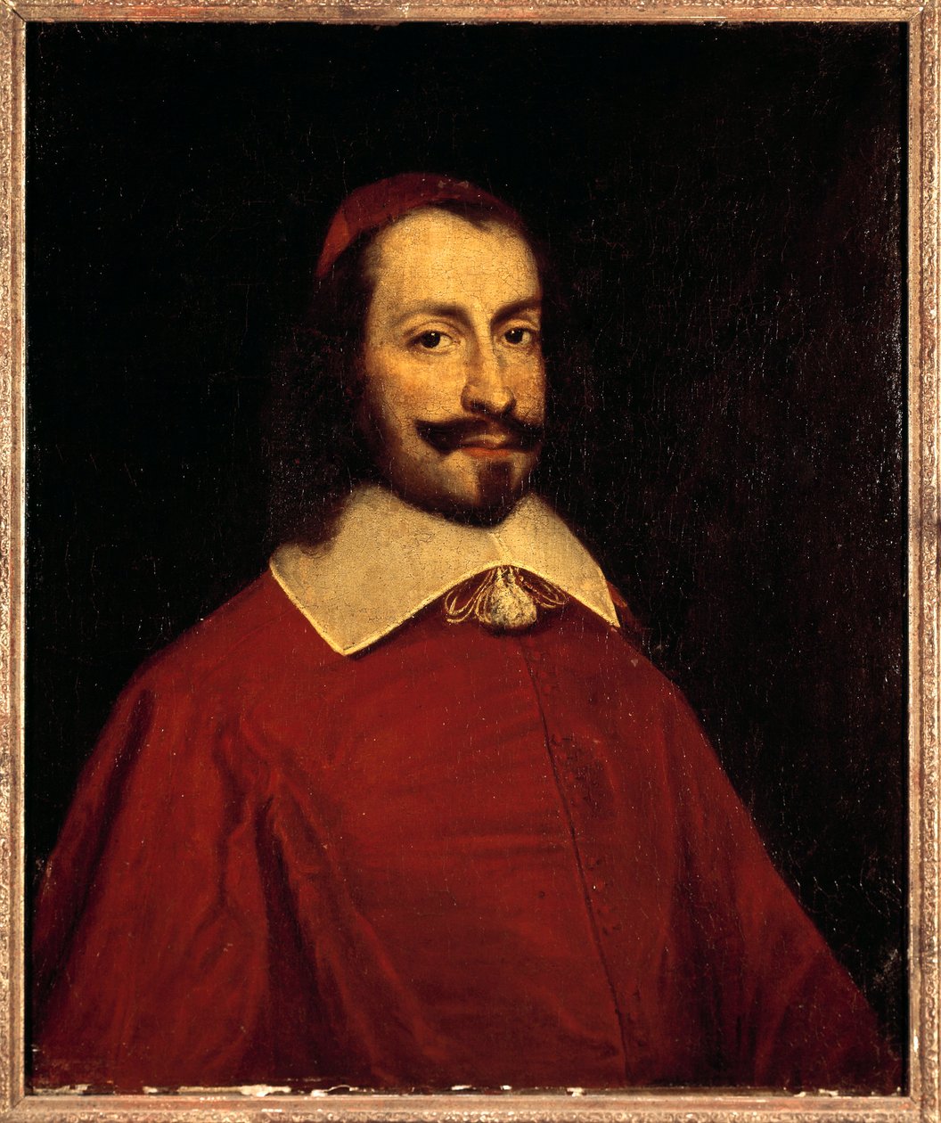 红衣主教 Jules Mazarin (1602-1661) 的肖像 (Giulio Raimondo Mazzarino 或 Mazarino) 17 世纪法国画派太阳画。 0,74x0,6 m 凡尔赛宫，城堡博物馆 作者 法语学校