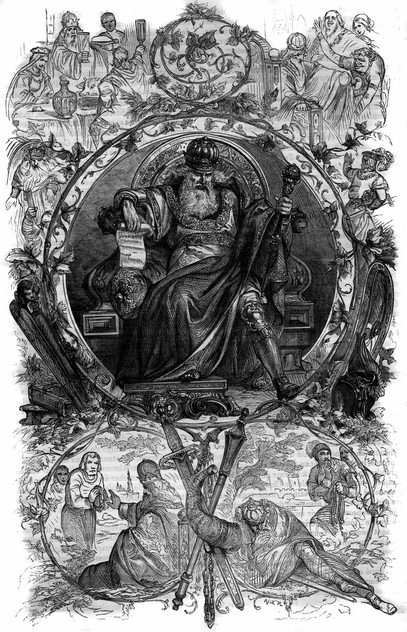 查理曼大帝（查理一世，又称查理大帝，742-814）的画像。雕刻于莫里斯-拉夏尔的 "历代教皇-资产-皇后和帝王史"。 作者 法语学校