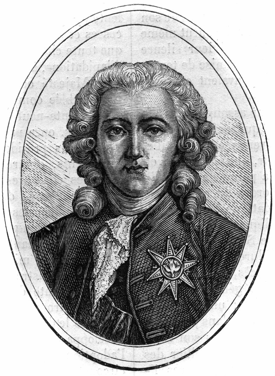 查尔斯-亚历山大-德-卡隆的肖像，路易十六时期的法国政治家（1734-1802），财务主管。莫里斯-拉夏尔（Maurice Lachatre）著的《历代教皇-资产-皇后和皇帝的历史》中的雕版画 作者 法语学校