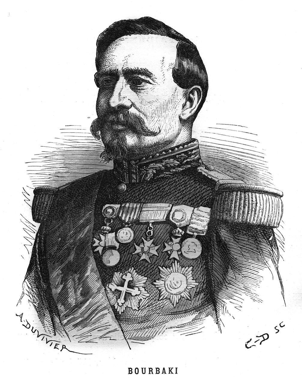 查尔斯-丹尼斯-布尔巴基（1816-1897）的肖像，法国军官。雕刻于 "Les Illustrations De L