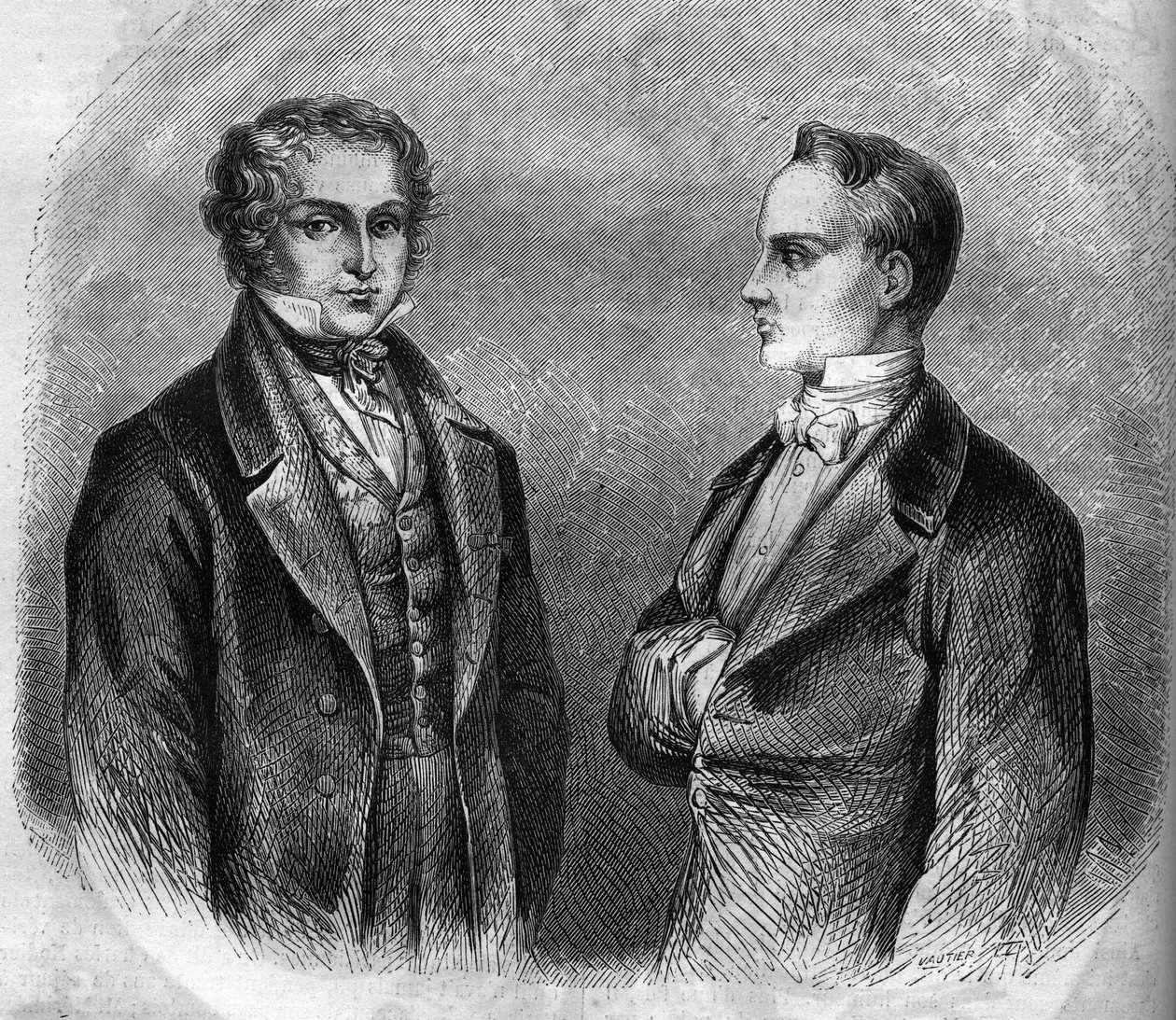 法国作家Charles Nodier (1780-1844)和Prosper Merimee (1803-1870)的画像。1866-1867年的雕版画。 作者 法语学校