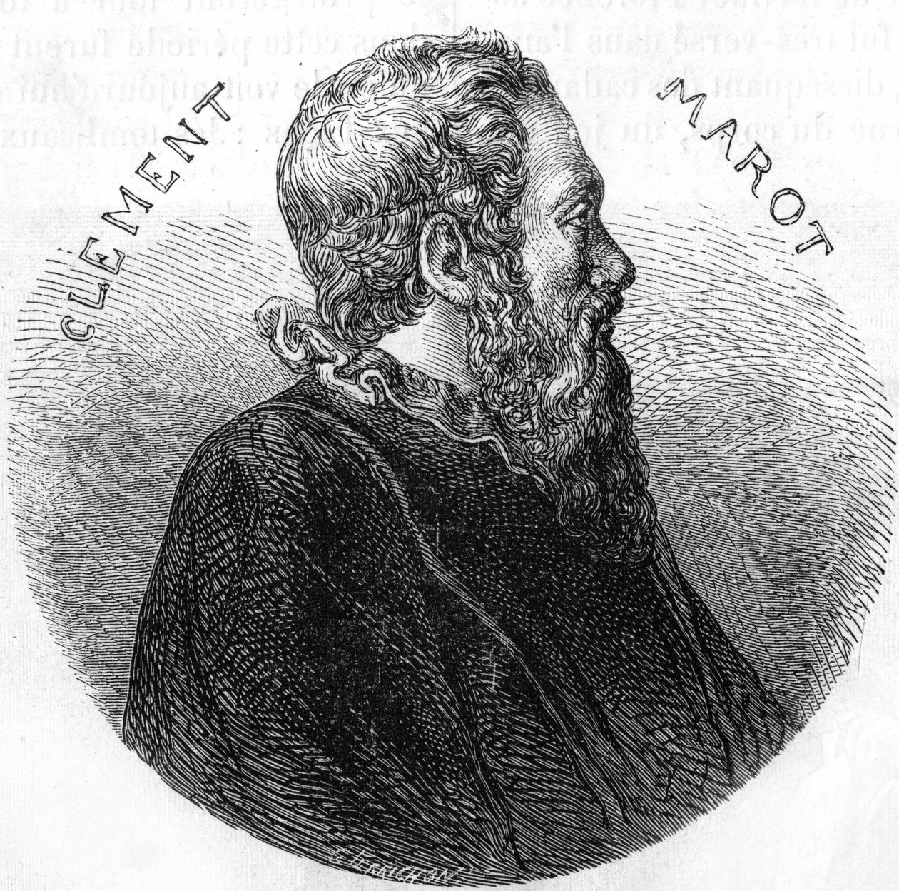 诗人克莱门特-德-马雷特（1496-1544）的画像。载于《法国人民史》，约1885年。雕刻。 作者 法语学校