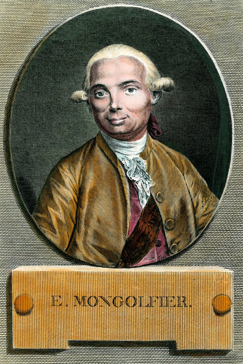 热气球的发明者Etienne de Montgolfier（1745-1799）的肖像。18世纪的雕版画。私人收藏。 作者 法语学校