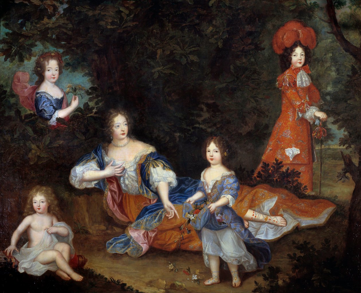 弗朗索瓦丝·雅典娜 (Francoise-Athenais) 的肖像 – Rochechouart Mortemart、Marquise de Montespan（或 Madame de Montespan）（1640-1707）和她的孩子缅因州公爵、Vexin 伯爵、图尔小姐和南特小姐 法语学校 作者 法语学校