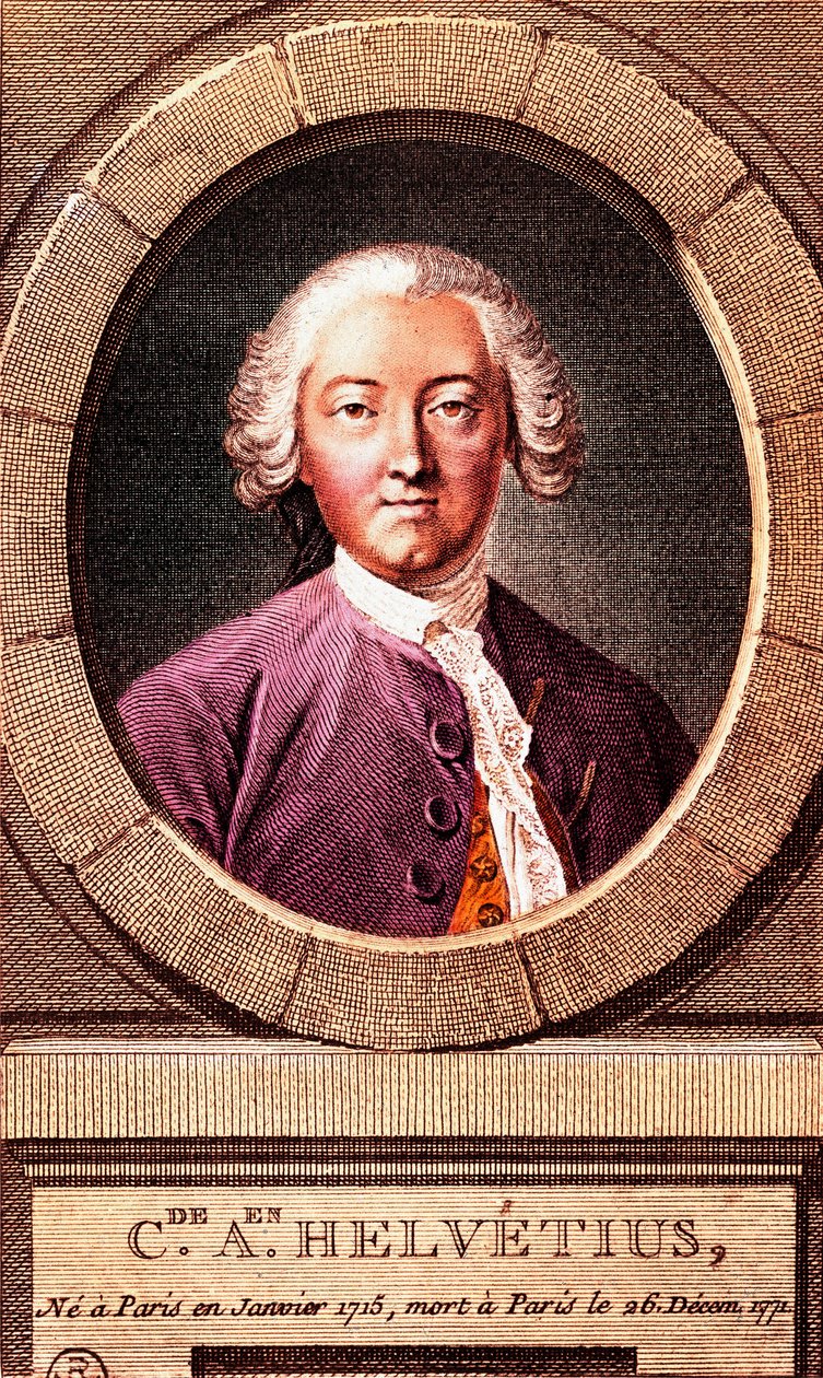法国哲学家克劳德-阿德里安-赫尔维尤斯（1715-1771）的肖像，雕版画。1772. 作者 法语学校