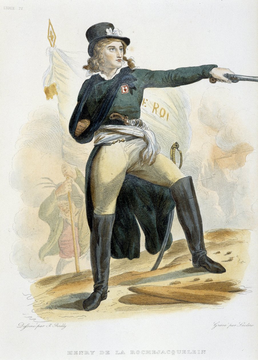 拉罗什哈克林伯爵亨利-杜-维尔吉耶（或 Orchard de La Rochejacquelein）（1772-1794 年）的肖像，胸前佩戴 "国王万岁 "旗帜（Vendeens 的徽章）--载于 Mennechet 著《Le Plutarque Français》，1841 年第 8 卷。 作者 法语学校
