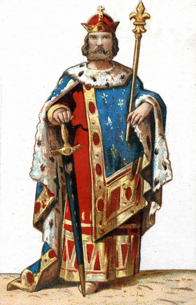 Hugues I Capet (v. 941 - 996)的肖像，法国公爵，然后是法国国王。19世纪末的彩色石版画。 作者 法语学校