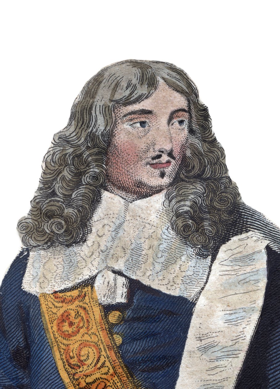 让-巴蒂斯特(Jean-Baptiste)-科尔贝尔(1619-1683)的肖像，法国政治家。插图来自埃德蒙-梅内克的 "Le Plutarque Français"。 作者 法语学校