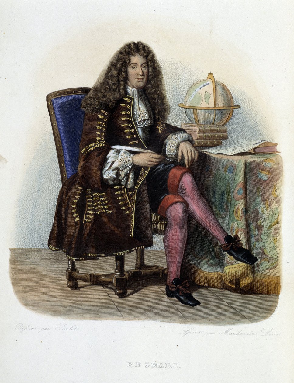 让·弗朗索瓦·雷格纳 (Jean Francois Regnard) 的肖像，法国作家和剧作家 (1655-1709) - 在“” Le Plutarque francais ”中，作者 Mennechet 作者 法语学校