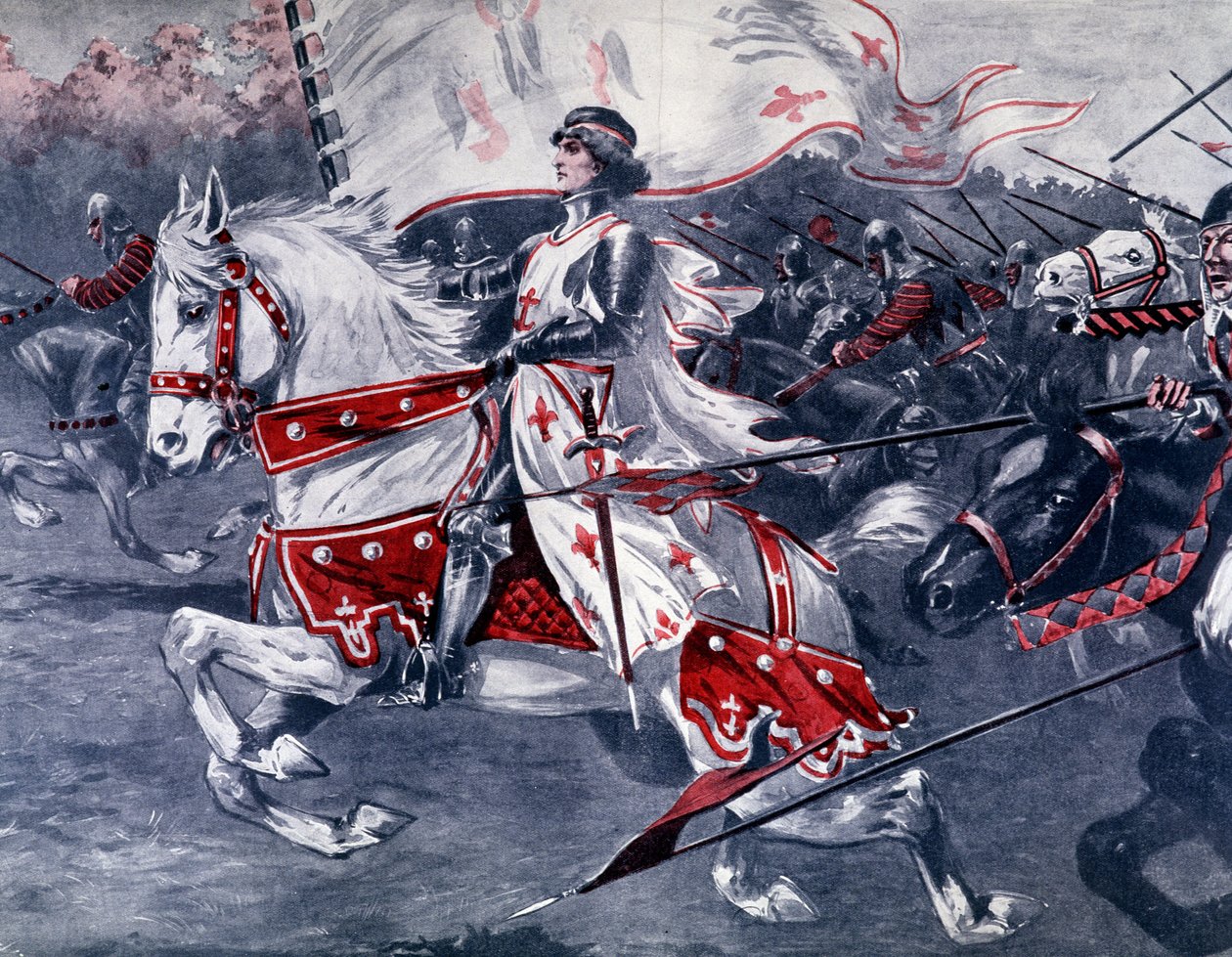 Portrait of Joan of Arc on horseback with royal flag, late 19th France. 作者 法语学校