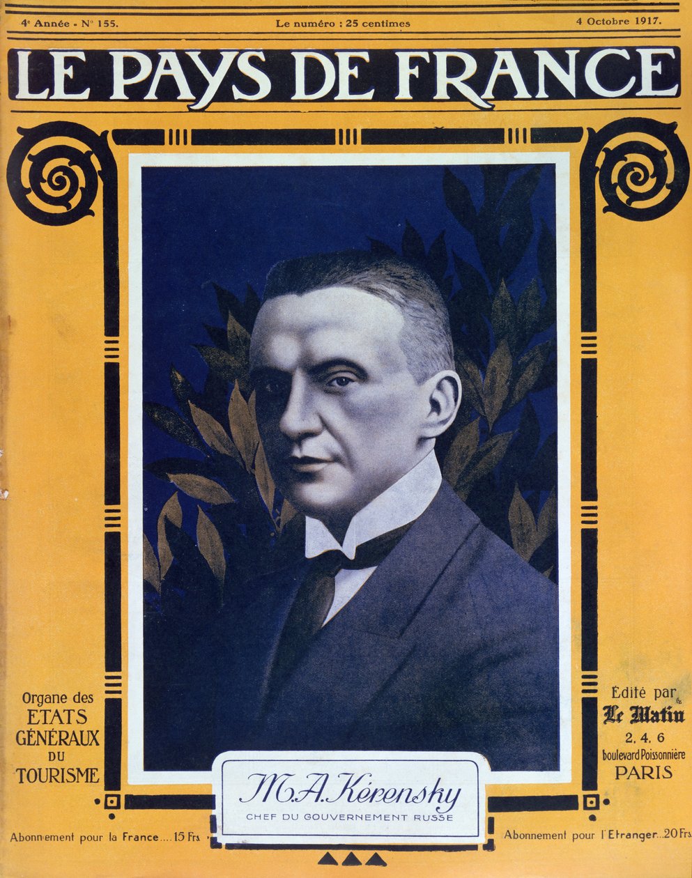 1917年10月4日，法国杂志Le Pays de France的封面Kerensky的肖像 作者 法语学校
