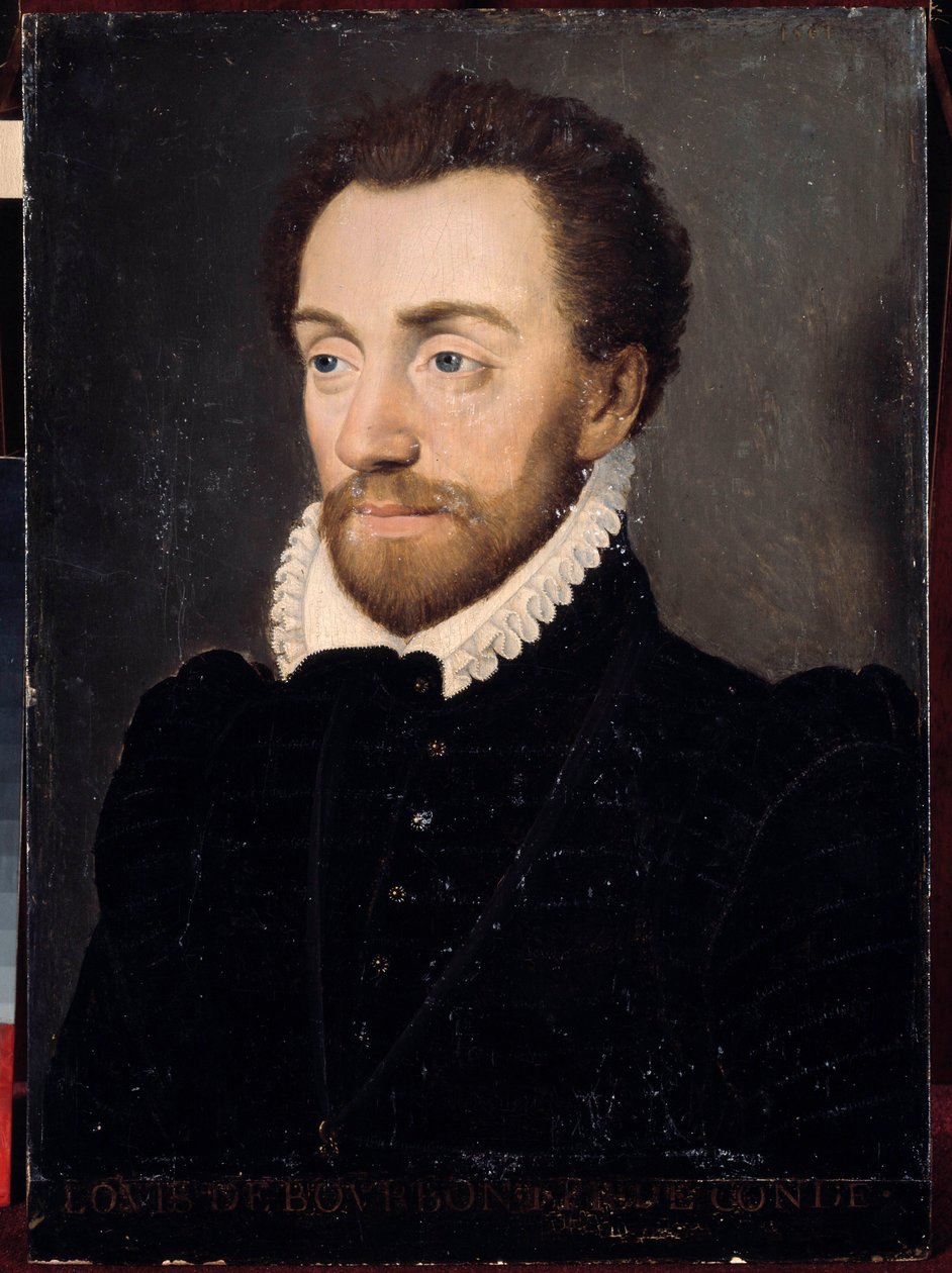1561年，波旁的路易一世，第一任康德（Bourbon-Conde）王子（1530-1569）的肖像。16世纪法国画派的绘画。凹陷。032x0.23米。凡尔赛宫，凡尔赛宫和特里亚侬宫的城堡 作者 法语学校
