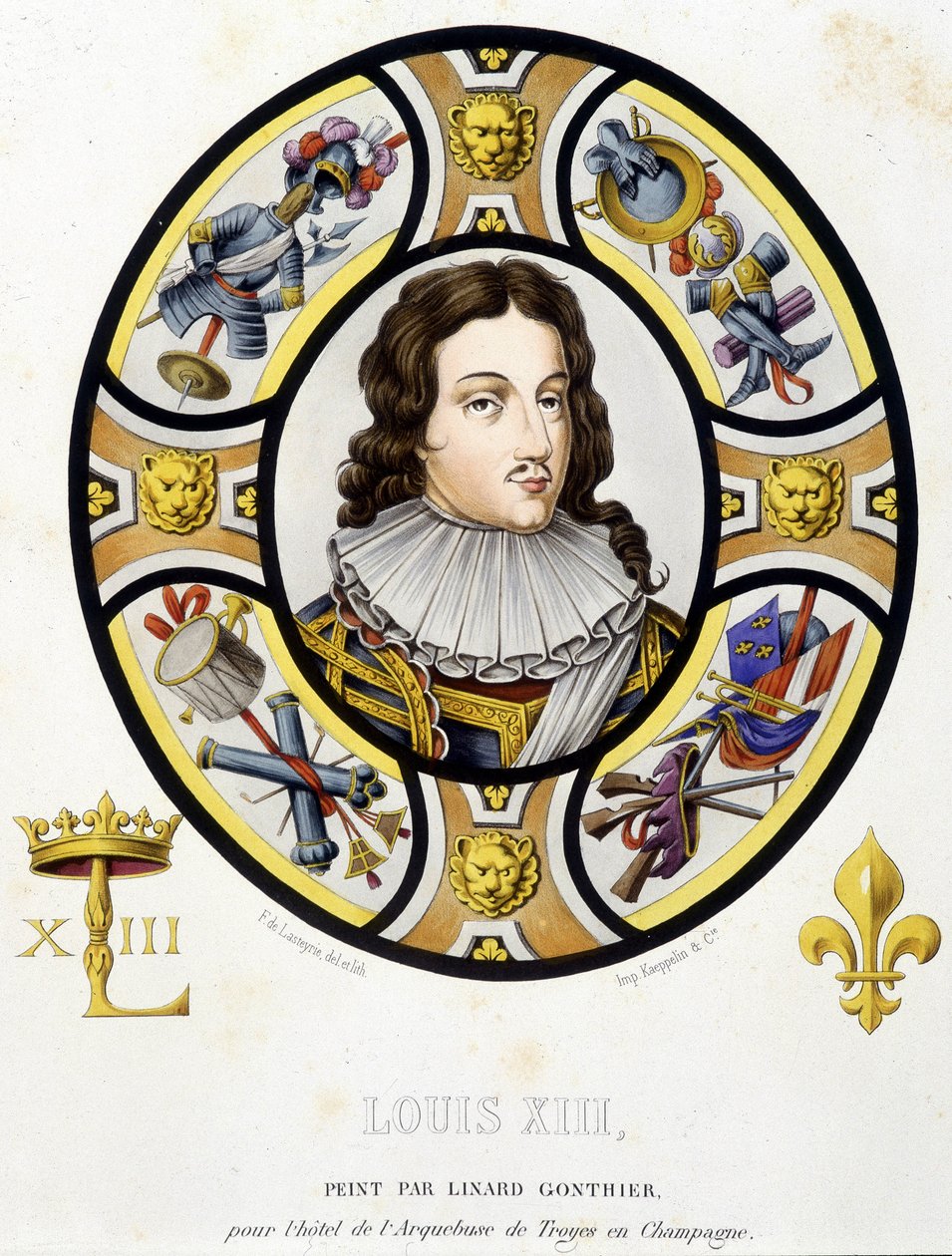 法国国王路易十三 (1601-1643) 的肖像。 费迪南德·德·拉斯泰里 (Ferdinand de Lasteyrie) 的“玻璃绘画史”中中世纪的 Fac simile d