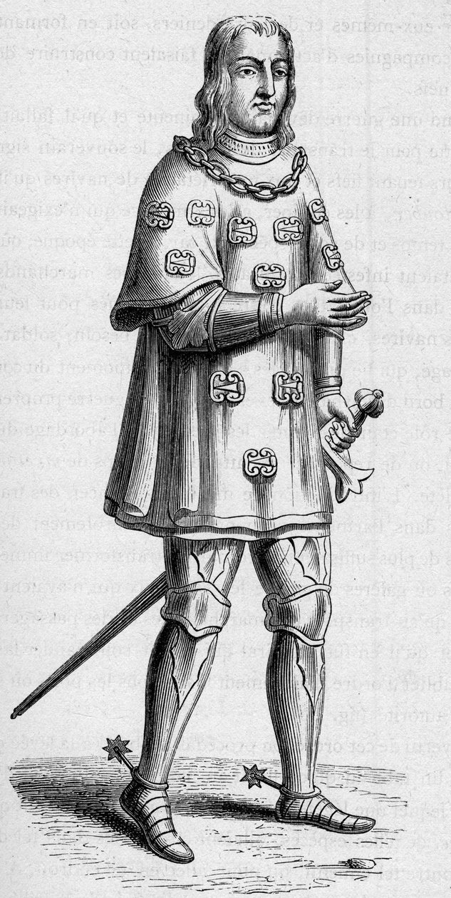 Portrait of Louis de Malet, lord of Graville (ca. 1441-ca. 1519), admiral of France in 1487, in war and tournament costume. Engraving In “La Marine et les colonies: commerce” 作者 法语学校