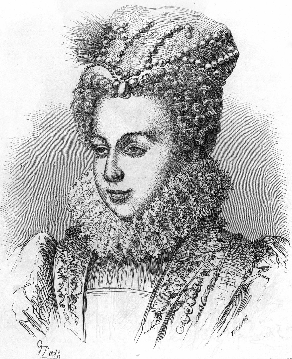 瓦卢斯的玛格丽特（1553-1615）肖像，被称为玛格特女王，是亨利四世的妻子。载于《法国人民史》，第1885期。雕刻。 作者 法语学校