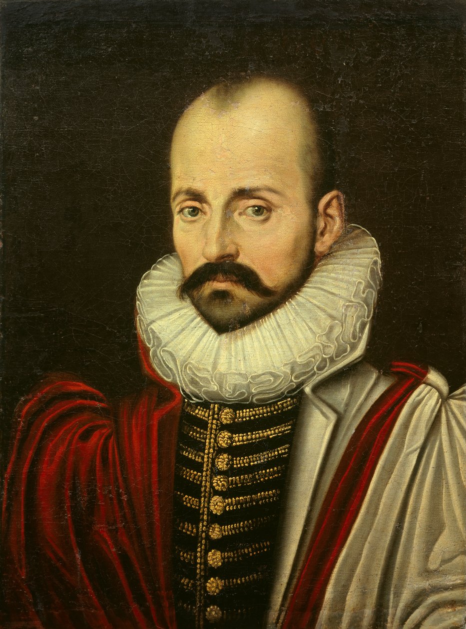 Michel Eyquem de Montaigne (1533-1592) 的肖像，法国人文主义哲学家。 17 世纪上半叶法国画派的绘画。 昏暗 0,70 x 0,52 m 作者 法语学校