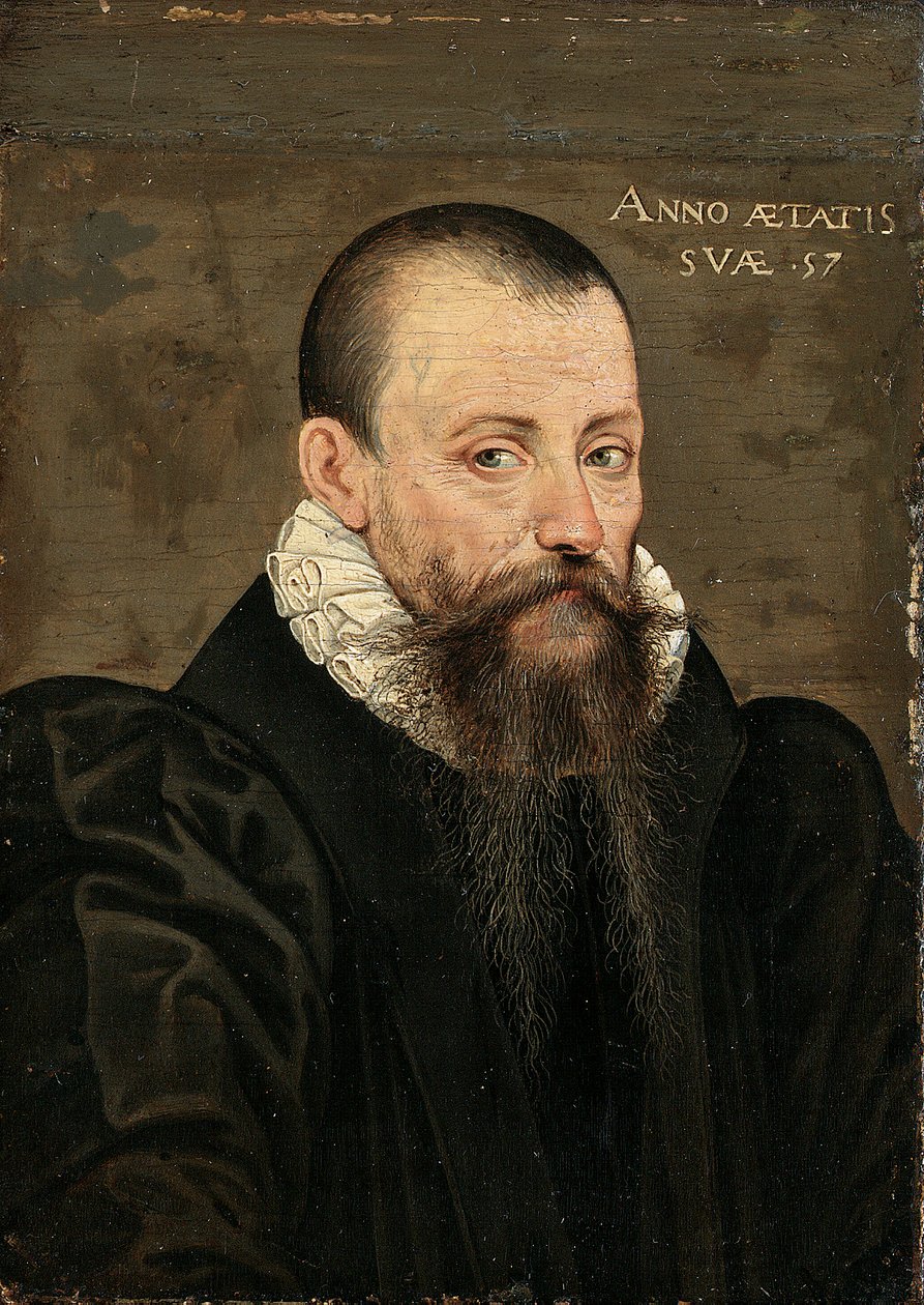 米歇尔-艾奎姆-德-蒙田（1533-1592 年）的肖像，57 岁，小半身，身着黑色服装，白色衣领（板面油画） 作者 法语学校