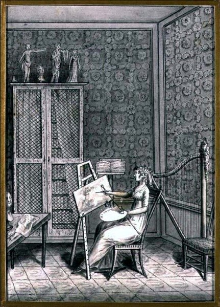 Marie-Anne-Marguerite Gerard夫人（1761-1837）在她的工作室的肖像，约1790年（纸上水墨笔）。 作者 法语学校