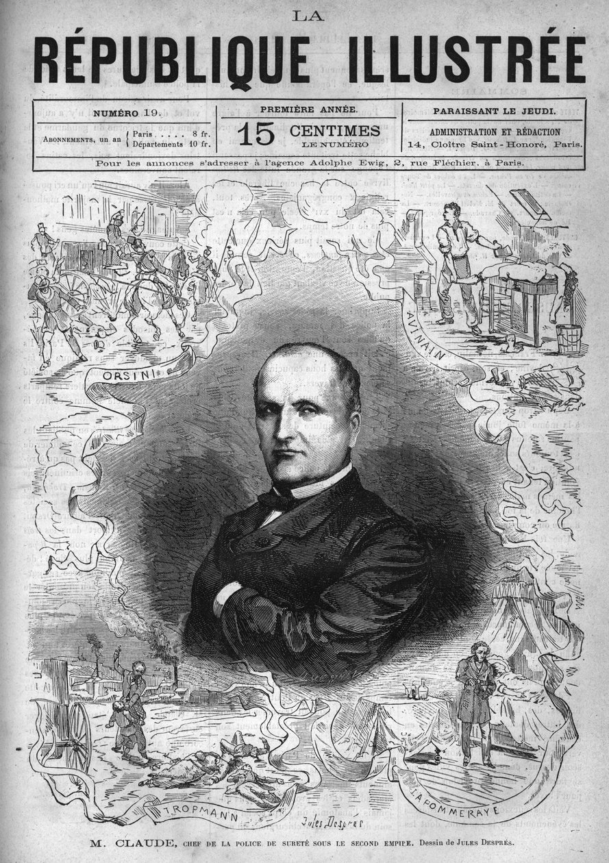 克劳德先生（Antoine Francois Claude dit）（1807-1880）的肖像，法国警察和作家，第二帝国时期的安全警察局长。一份报纸。1880年的版画，由 "La republique illustrstree "私人收藏。 作者 法语学校