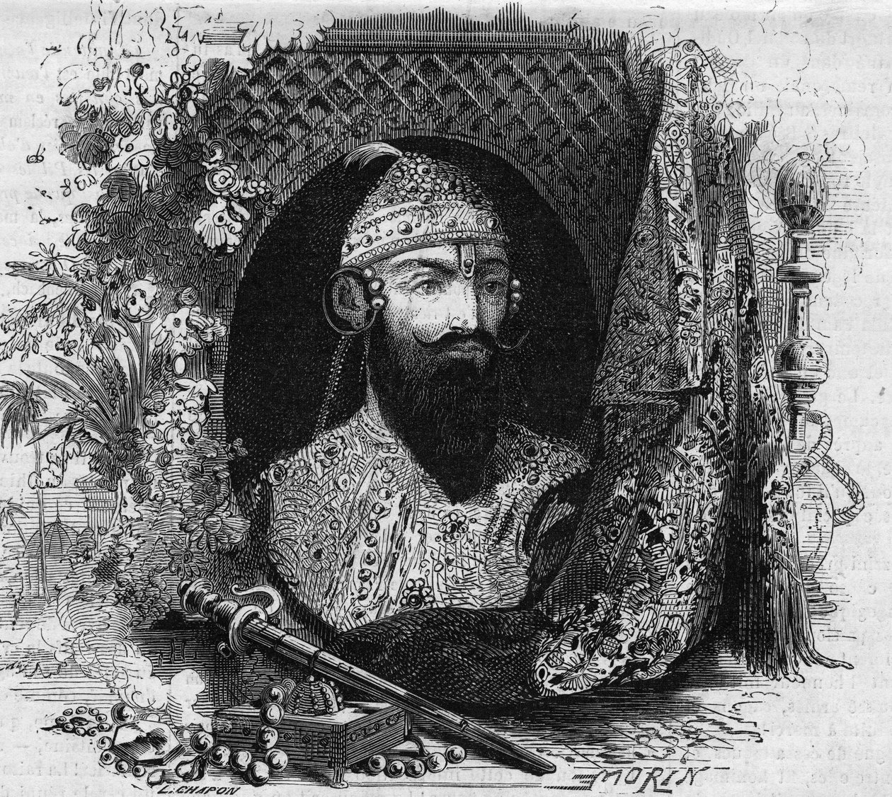 娜娜-萨赫布（Nana Sahib）（本名Dhundu Pant）（约1820-？）的肖像，印度西帕亚人反殖民主义起义的领袖。镌刻于1863年8月15日的 "Le Monde Illustré "331号。 作者 法语学校