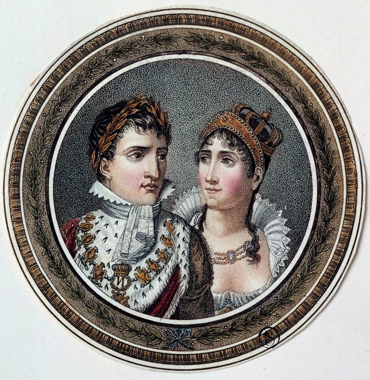 拿破仑一世 (1769-1821) 和 Josephine de Beauharnais (1763-1814) 的肖像画在糖果盖上。 19世纪 作者 法语学校