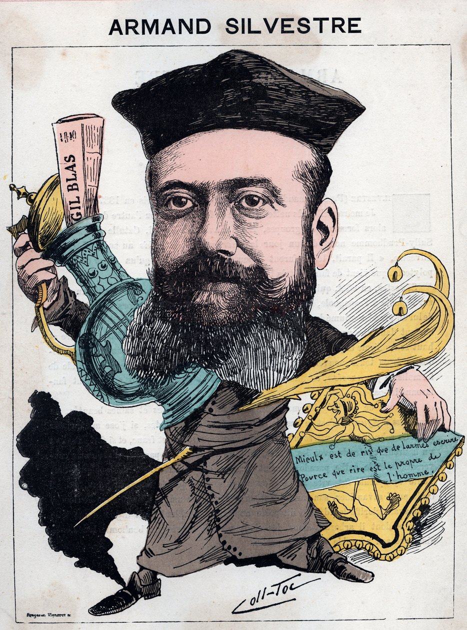 法国诗人保罗-阿尔芒（Paul-Armand）-西尔维斯特（1837-1901）的肖像--由其他人（科里尼翁和托克维尔）在巴黎 "今日之人 "中绘制的漫画 作者 法语学校