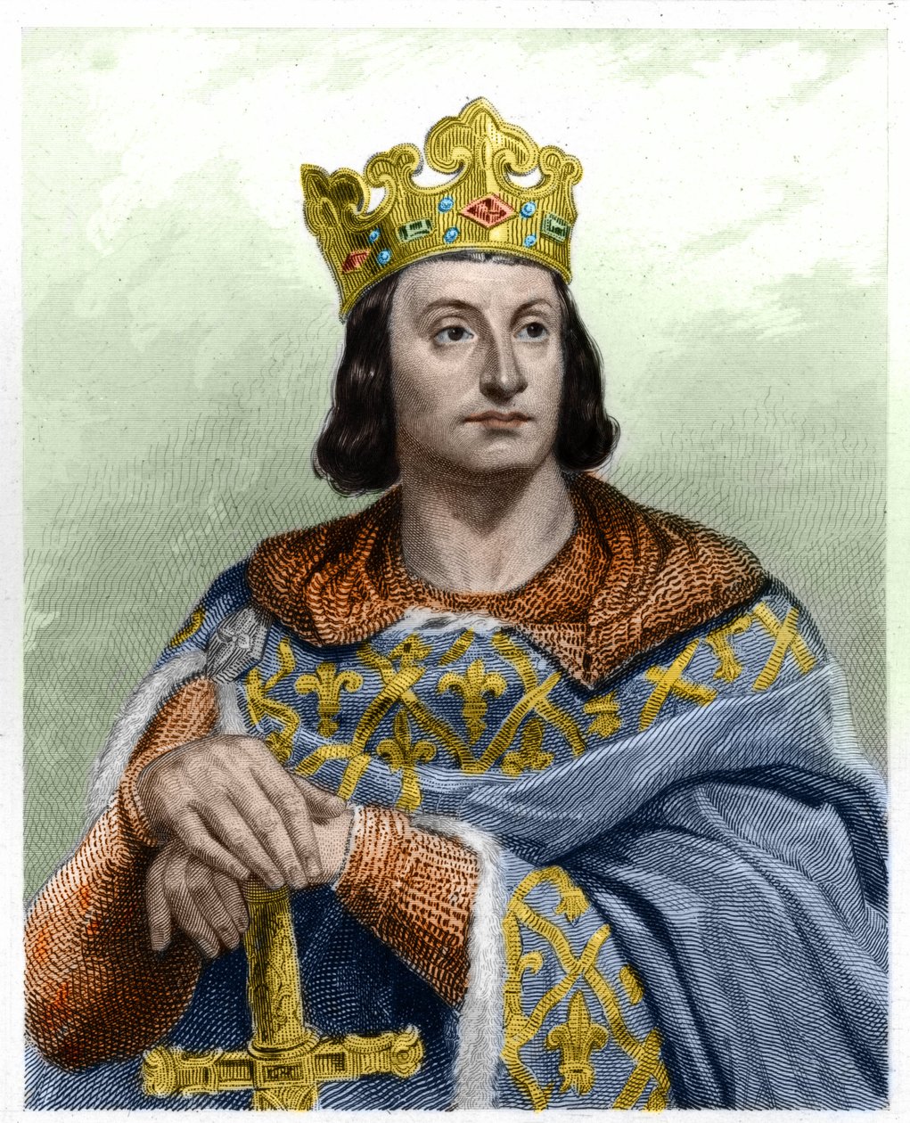 法国国王菲利普二世（Philip II dit Philippe Auguste）（1165-1223）的肖像--载于拉瓦勒（Lavallee）的 "法国历史"，雕版，有日期。 作者 法语学校