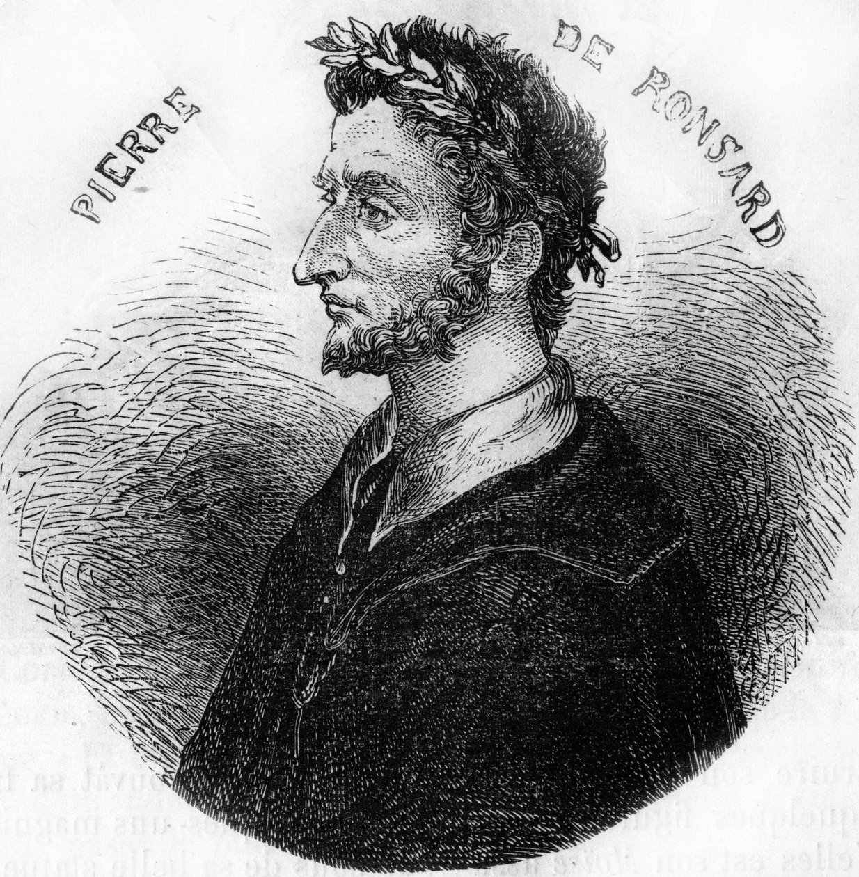 诗人皮埃尔-德-隆萨（1524-1585）的肖像。载于《法国人民史》，约1885年。雕刻。 作者 法语学校