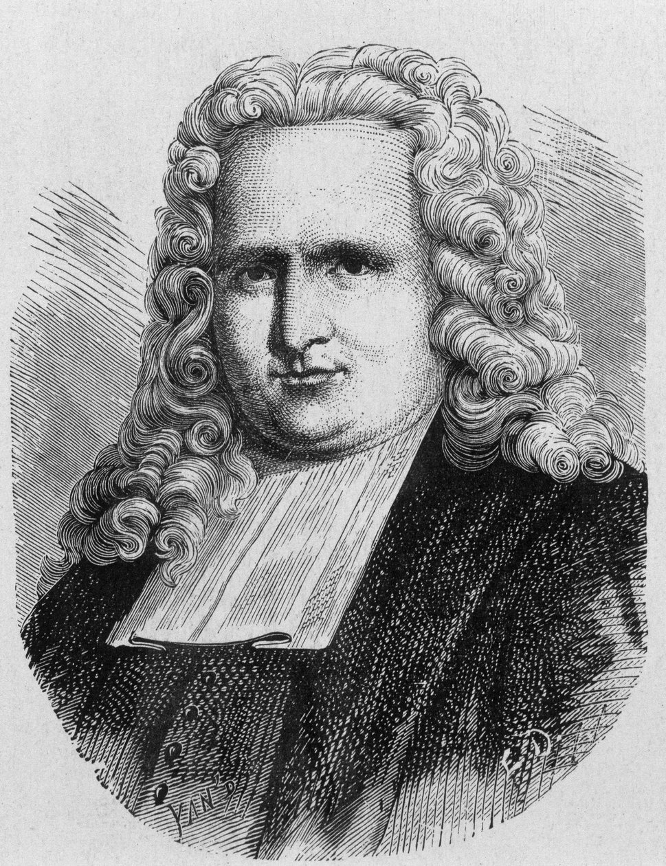 Pieter (Petrus, Pierre) van Musschenbroek (1692 - 1761)的肖像，荷兰物理学家，1745年第一个电容器的发明者（莱顿的瓶子）--载于《科学专辑；杰出的科学家；伟大的发现》1896。 作者 法语学校