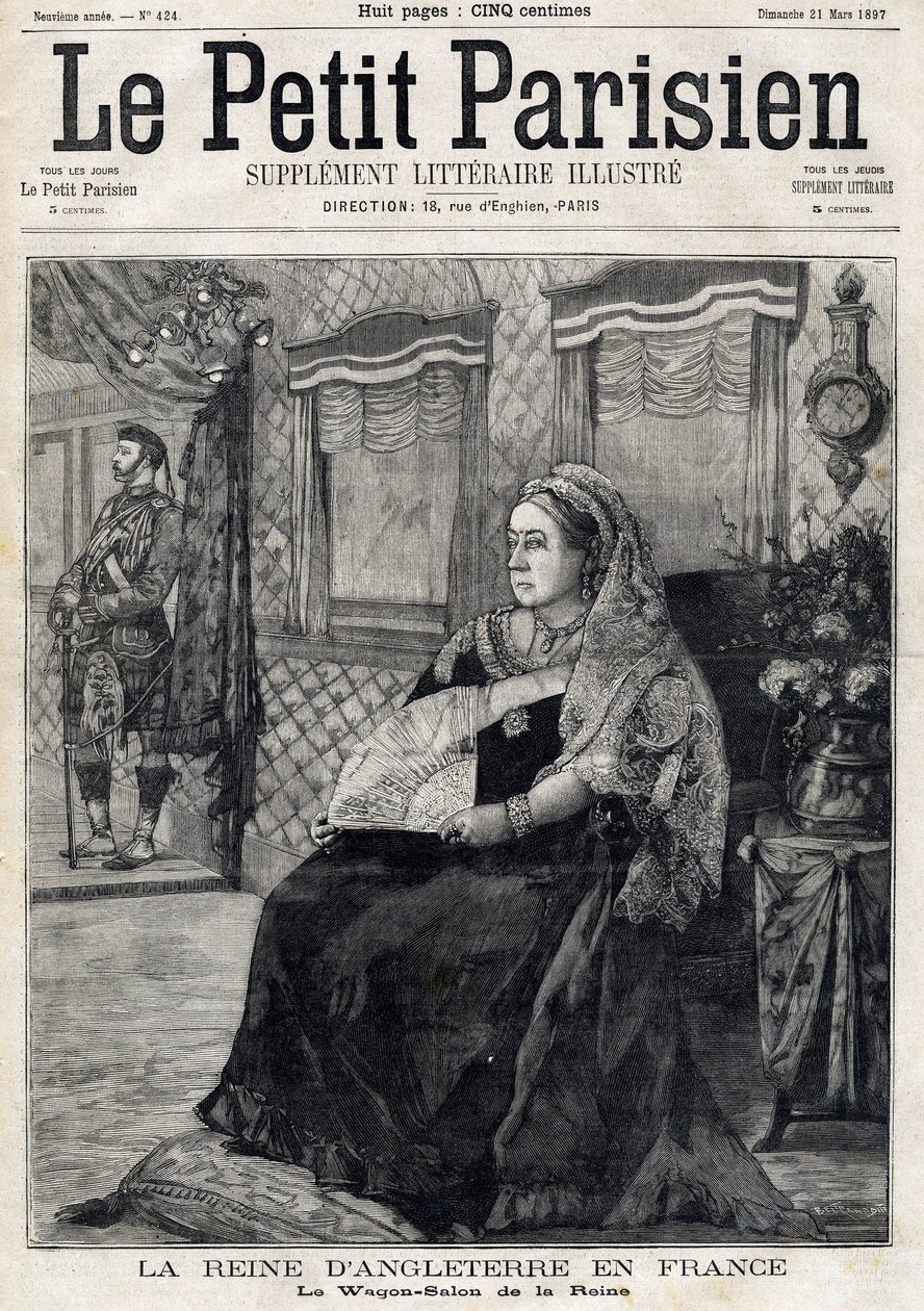 英国维多利亚女王（1819-1901）的肖像，她乘坐马车沙龙在法国旅行。法国报纸《小巴黎人》的头版。3月21日 作者 法语学校