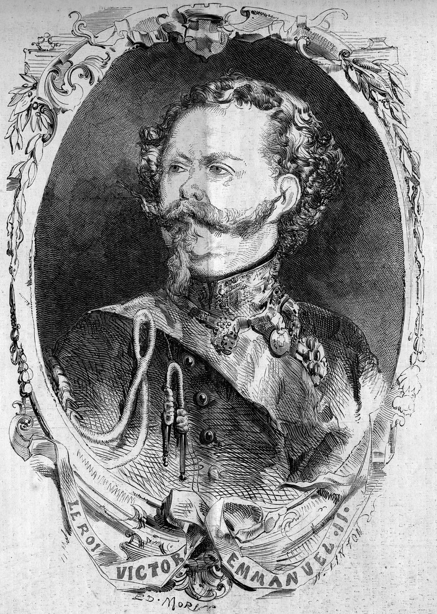 维克多-伊曼纽尔二世（Vittorio Emanuele）（Victor-Emmanuel）（1820-1878）的肖像，撒丁岛国王和未来的意大利国王。1859年2月5日《世界画报》第95期上的版画。 作者 法语学校