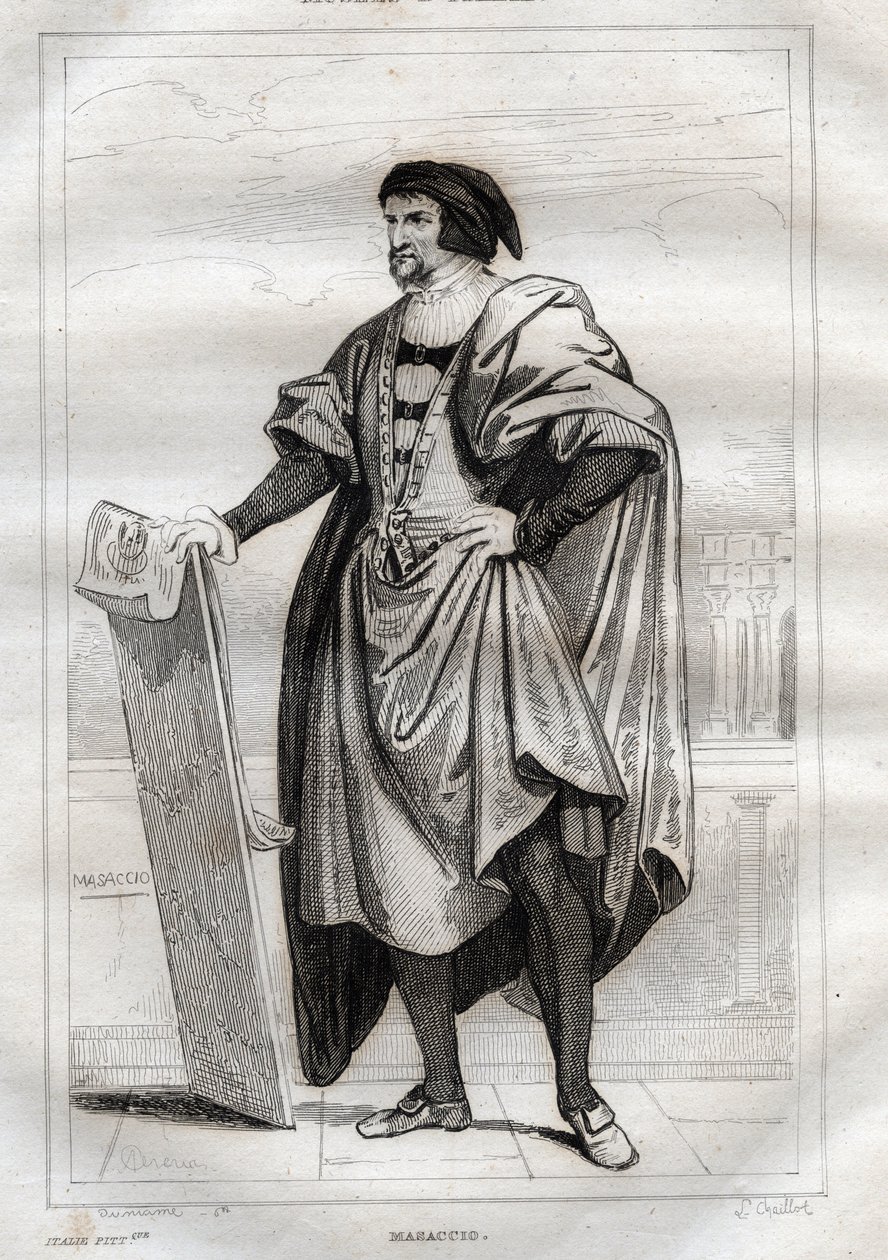 意大利画家马萨乔(Tommaso di Giovanni Cassai)(1401-1428)的肖像--来自M. de Norvins, Ch. Nodier 1834-1836的 "Italy Picturesque"--意大利的历史和描述性绘画的雕刻。 作者 法语学校