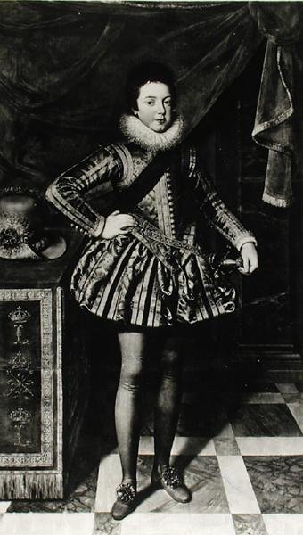 法国和纳瓦拉国王路易十三（1601-43）的肖像，约1611年（布面油画）（黑白照片）。 作者 法语学校