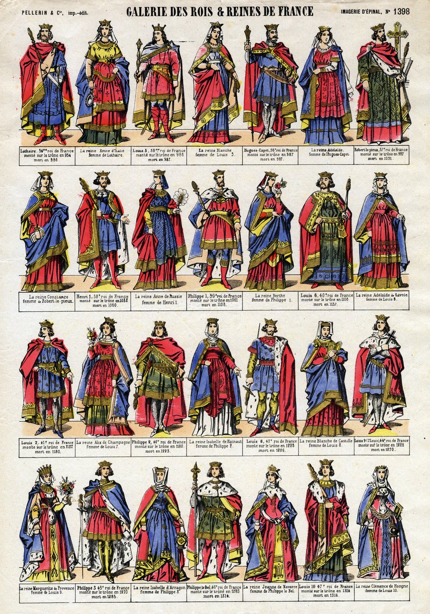 法国卡佩王朝（Capetian dynasty）从洛泰尔（941-986）到胡坦路易十世（1289-1316）的国王和王后的肖像。19世纪末的埃皮纳尔成像。私人收藏。 作者 法语学校