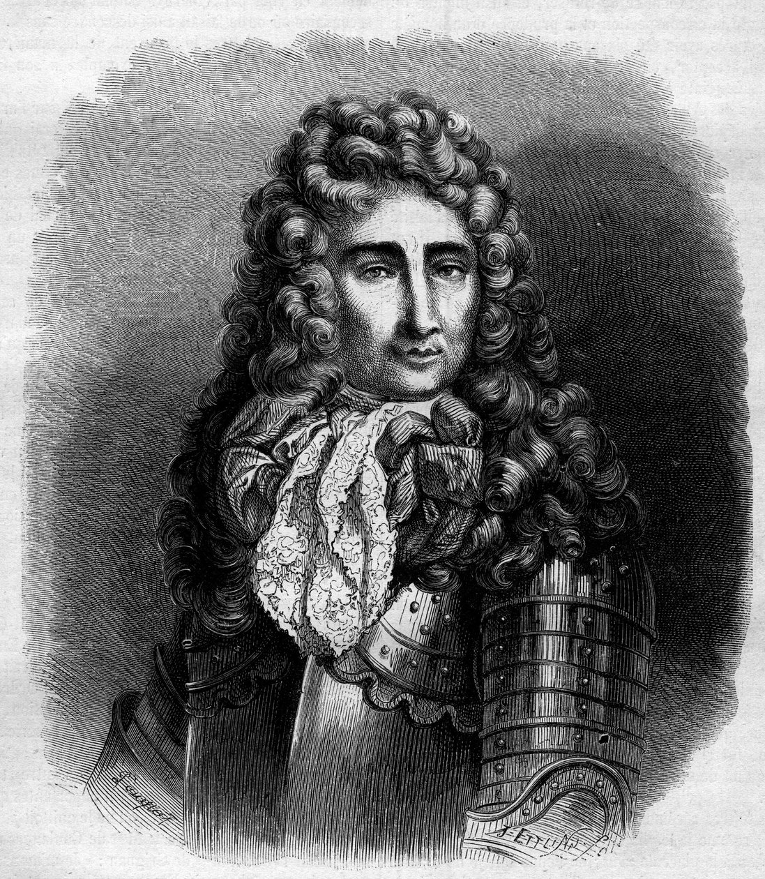 卡蒂纳（Nicolas de Catinat de La Fauconnerie）的马歇尔（1637-1712）的画像，法国军人。1868年在希雷之后的雕版画。 作者 法语学校