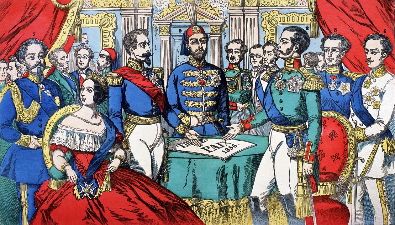 Portrait of the sovereigns of Europe during the Peace Treaty in 1856: from left to right, Victor Emmanuel II (Victor Emmanuel) (Vittorio Emanuele), King of Sardinia, Victoria, Queen of England, Napoleon III, Turkish Emperor, Alexander II, King of Russia, F 作者 法语学校