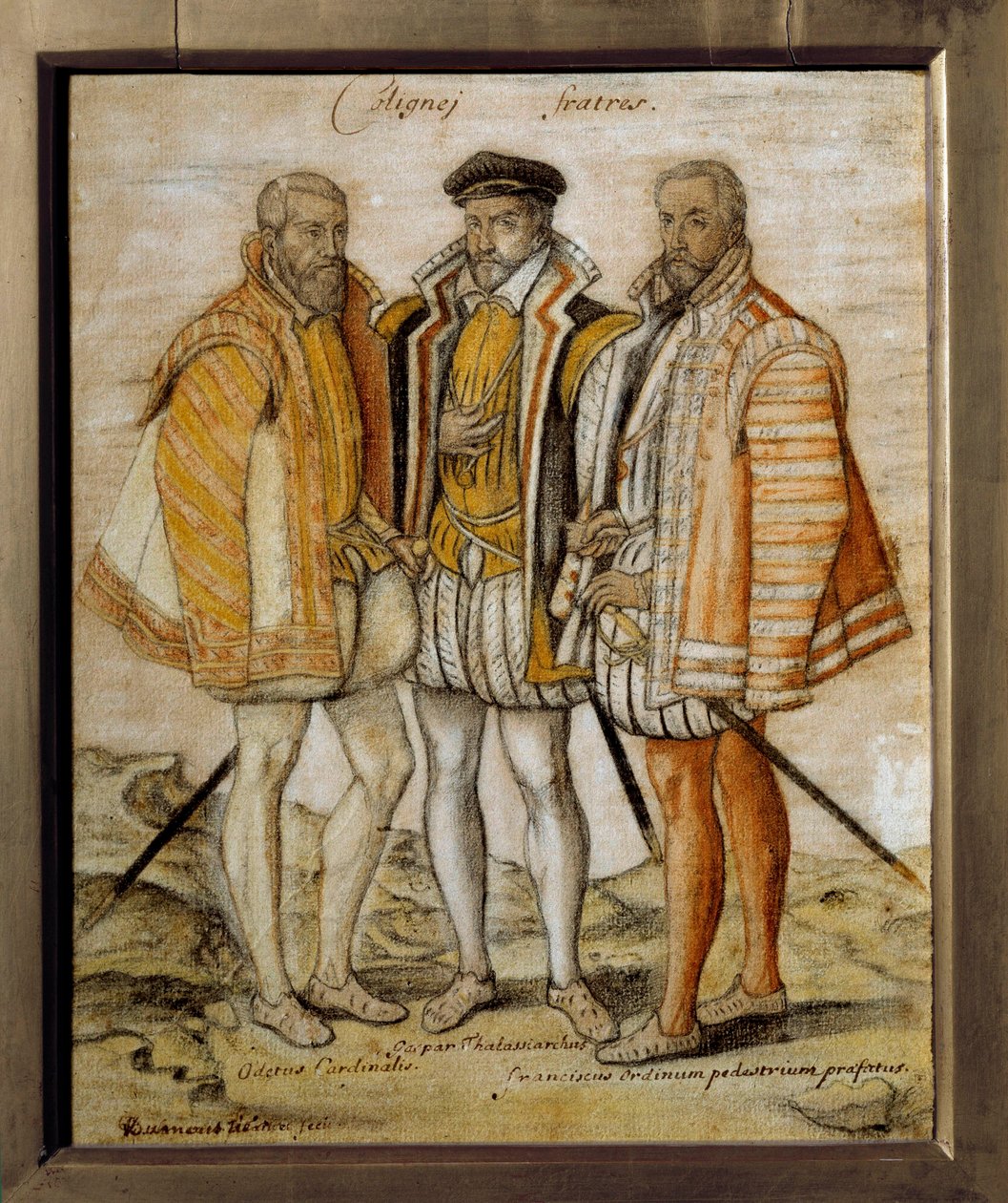 科利尼 (Odet (1517-1571)、Gaspard (1519-1572) 和 Francois) 三兄弟的肖像。 匿名绘图。 太阳 0,26x0,21m 尚蒂伊，孔德博物馆 作者 法语学校