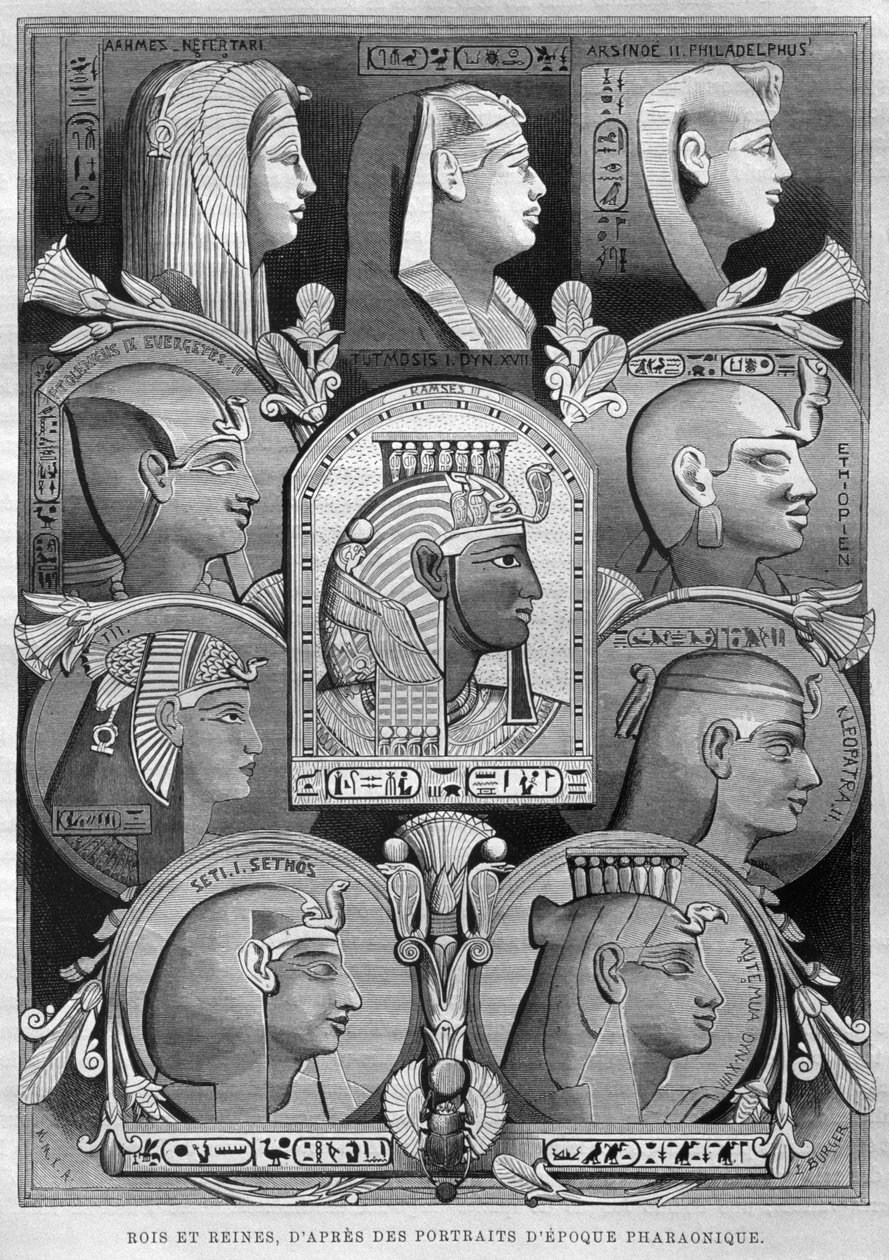 古埃及女王和国王的肖像，来自Georg Moritz Ebers的Legypte（1837-98），1881年（bw雕刻） 作者 法语学校
