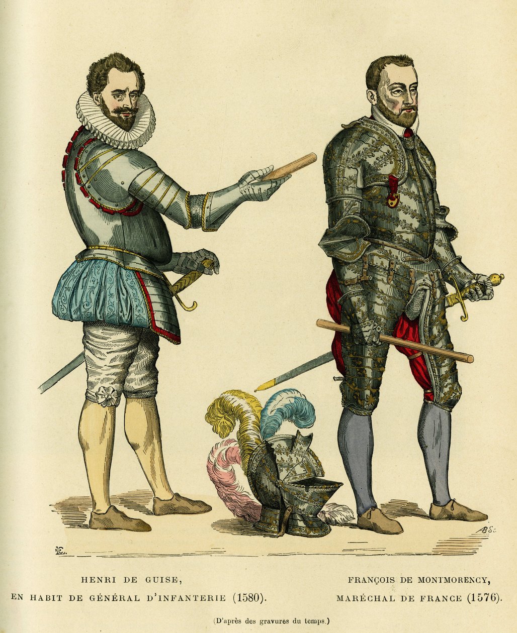 亨利一世德吉斯的肖像，被称为 1580 年步兵将军外套中的巴拉弗雷（1549-1588 年）和 1576 年左右法国元帅弗朗索瓦·德·蒙莫朗西（1530-1579 年）的肖像。彩色雕刻，在“France et les francais”中 a travers les siecles”” by Augu 作者 法语学校