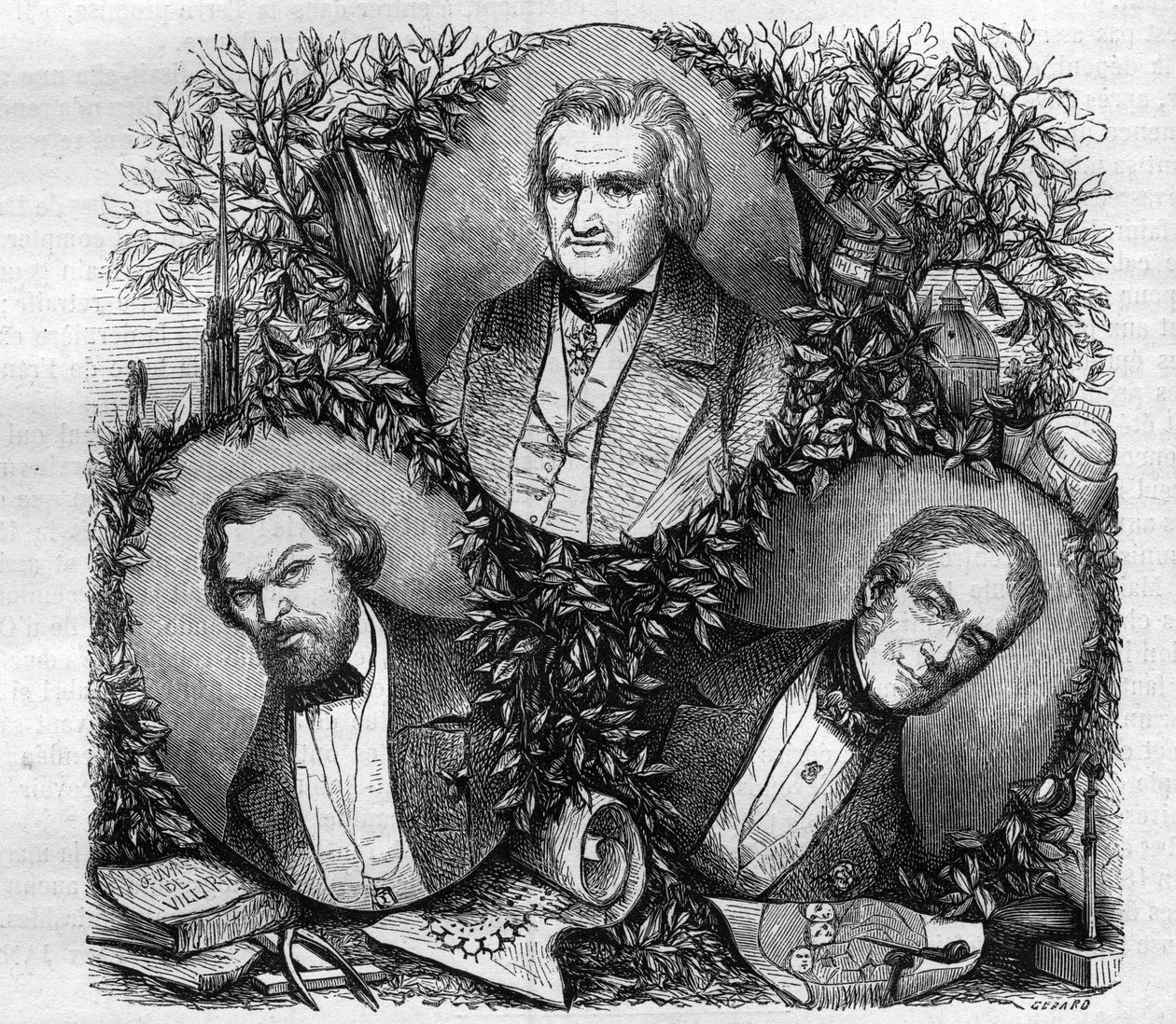 法国建筑师Jean Baptiste Antoine Lassus（1807-1857）的肖像（左）；法国历史学家和律师Charles Lacretelle Jeune（1766-1855）（中）；和法国雕刻家Baron Auguste Gaspard Louis Desnoyers（1779-1857）。1858年的雕版画。 作者 法语学校