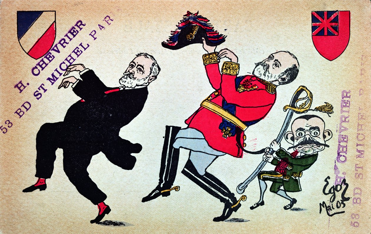 明信片描绘总统路易特（1838-1929）国王爱德华七世（1841-1910）和Theophile Delcasse（1852-1923），1903年5月 作者 法语学校