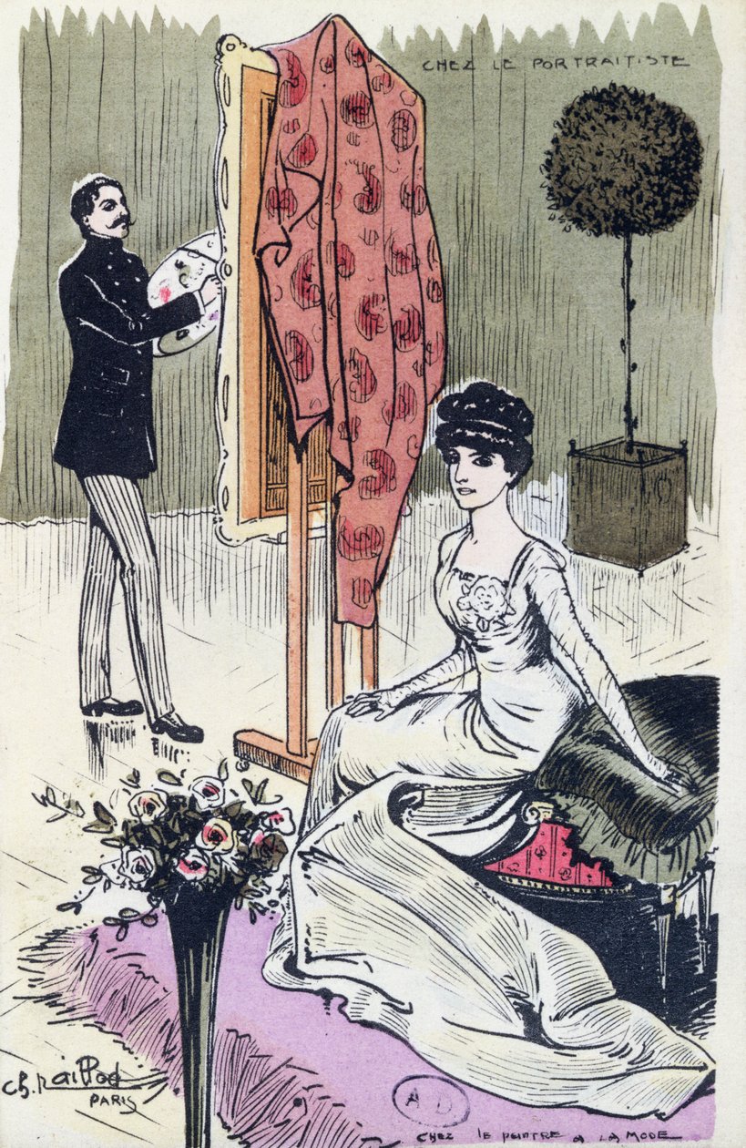 描绘一位时尚肖像画家在工作的明信片，1910年 作者 法语学校