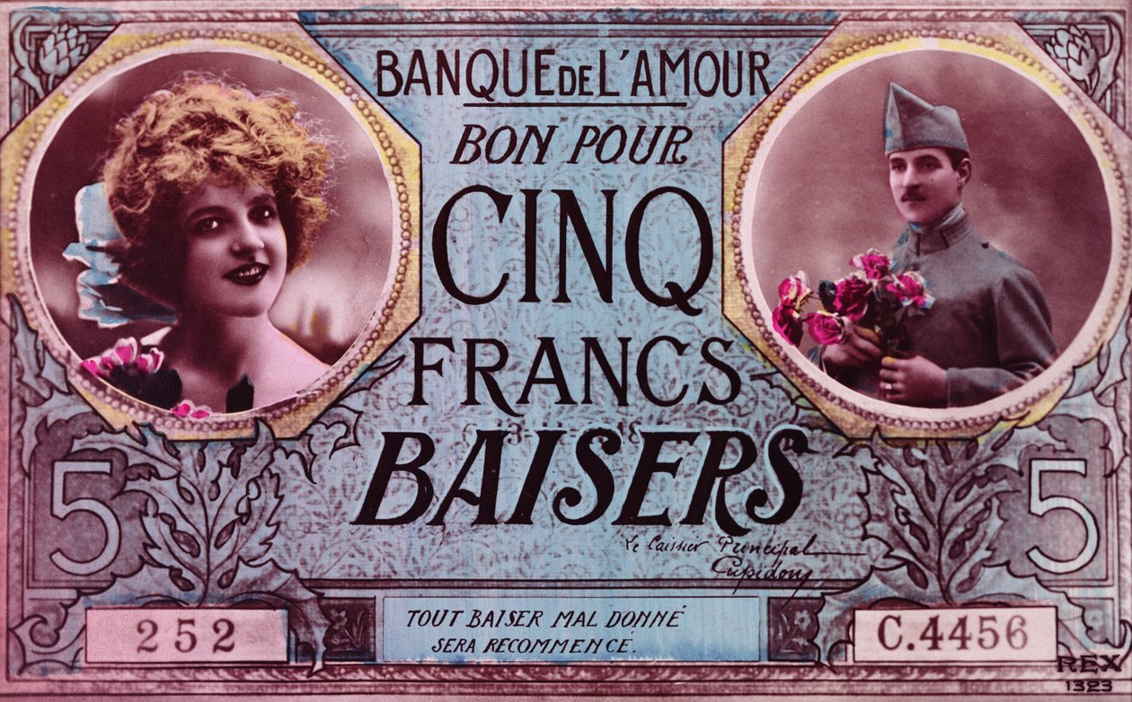 1914-18年，来自爱之银行的五个kissesfrancs凭证形式的明信片 作者 法语学校