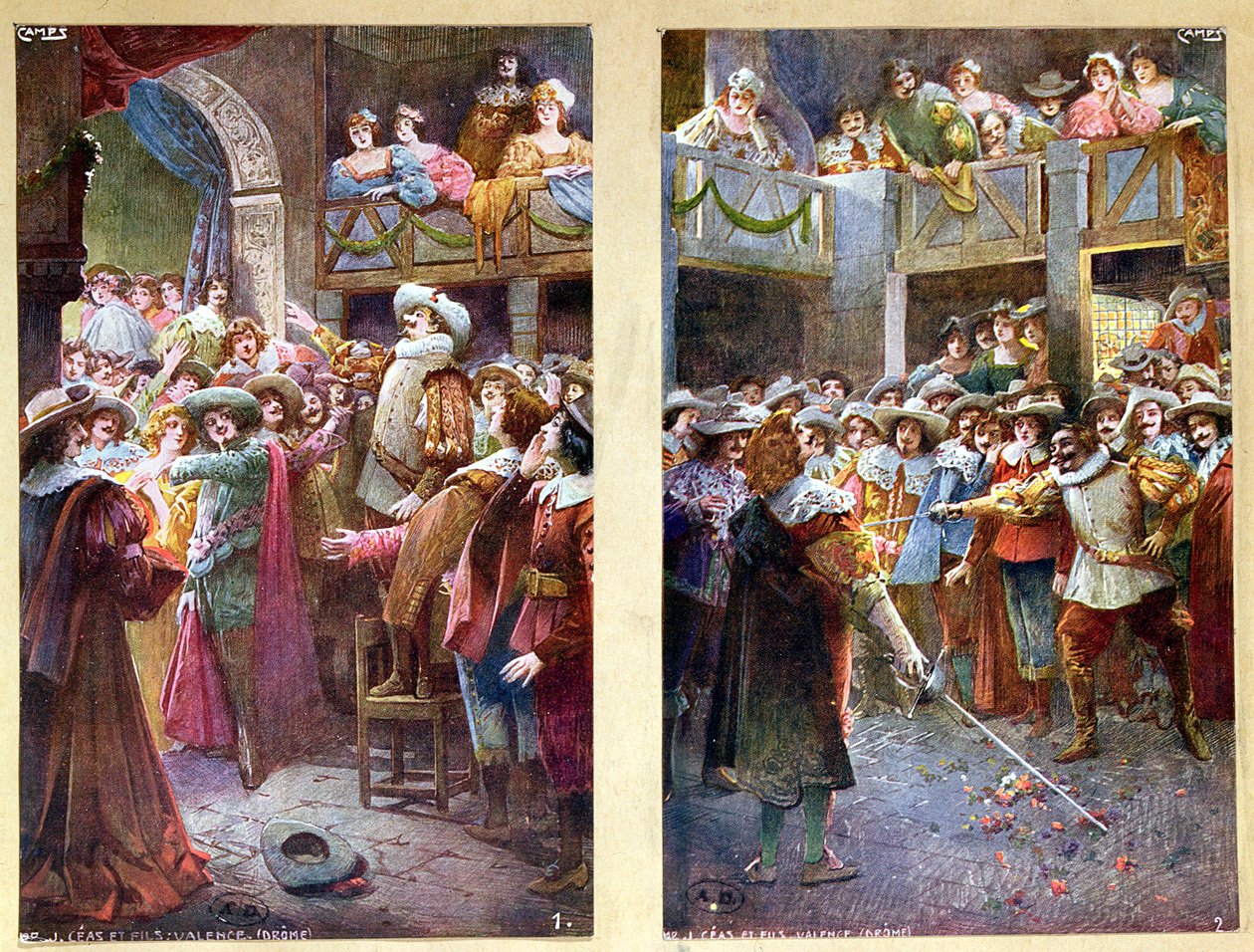 明信片描绘了Cyrano de Bergerac和酒店de Bourgogne的决斗，c.1900 作者 法语学校