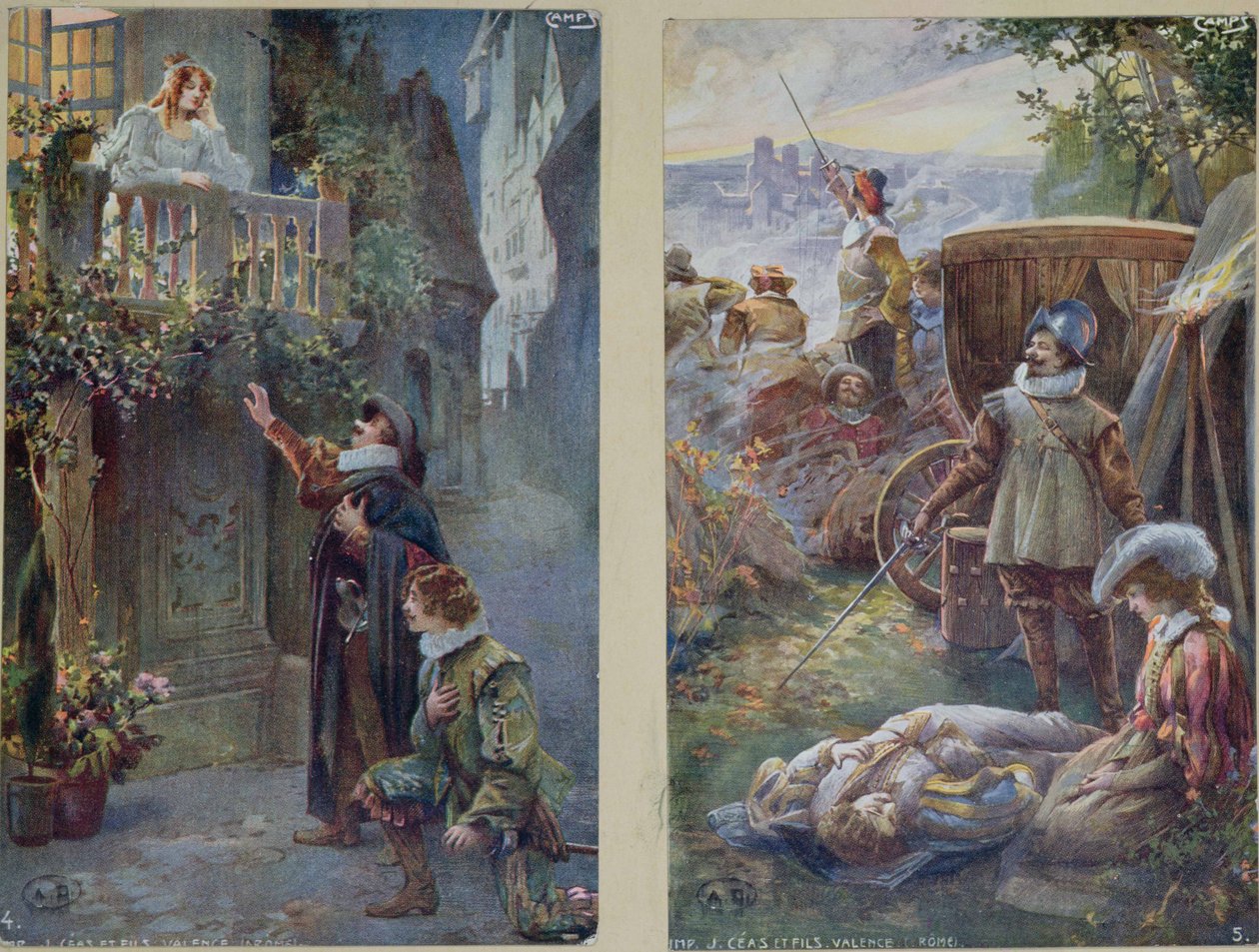 明信片描绘了Cyrano de Bergerac与Roxanne和基督教之死，c.1900 作者 法语学校