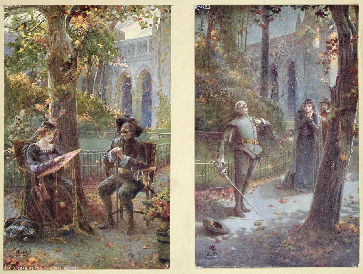 明信片描绘Cyrano de Bergerac与Roxanne，c.1900 作者 法语学校