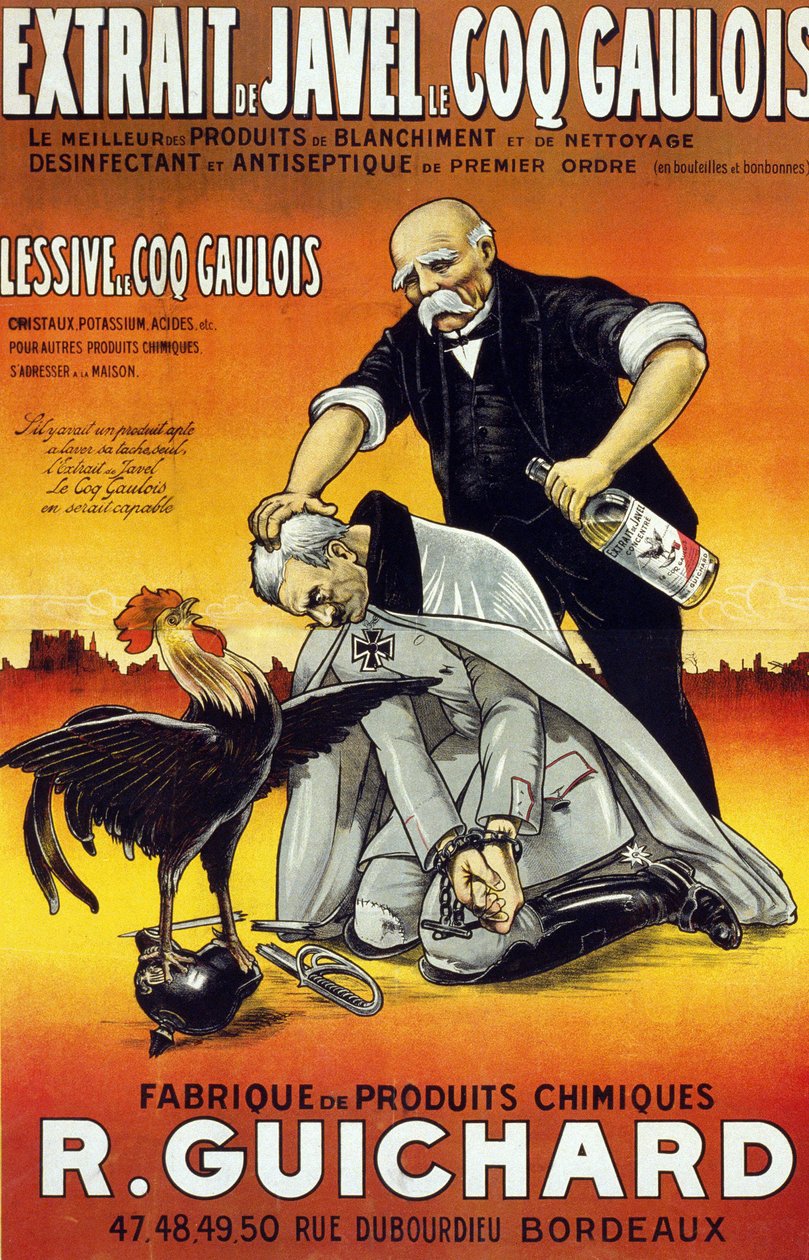1917年在波尔多出版的海报 "漂白剂精华Le Coq Gaulois--最好的漂白和清洁产品--第一顺序的消毒剂和防腐剂（瓶瓶罐罐）--René Guichard的产品制造"。 作者 法语学校