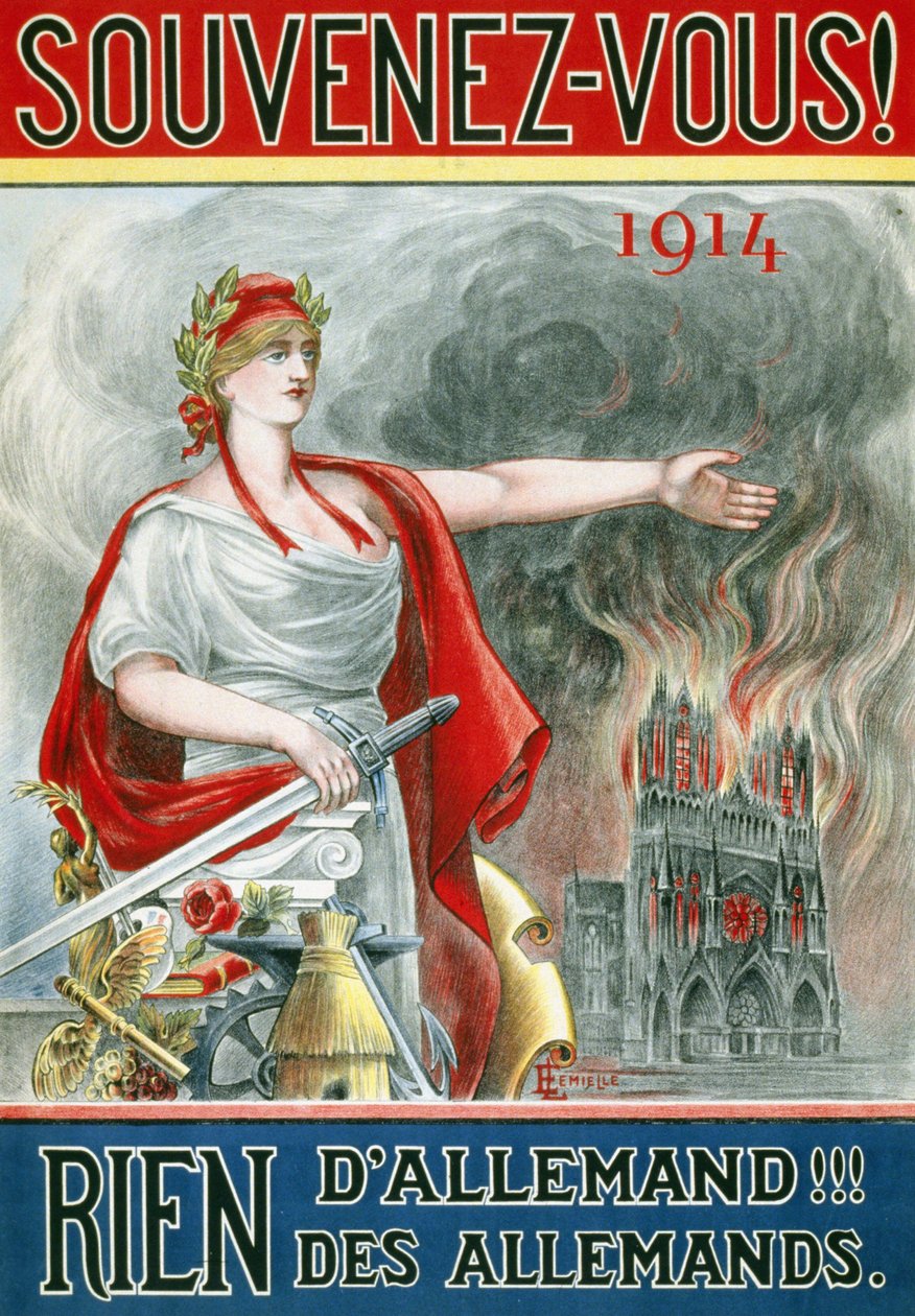 海报 "记住!1914.没有德国人的东西！！！德国人的东西"。(玛丽安展示兰斯大教堂着火)，1915年左右出版。 作者 法语学校