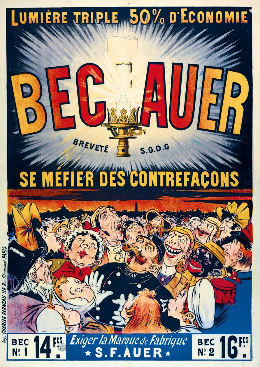 海报广告Becauer石油灯，由Charles Verneau，1890年印刷 作者 法语学校